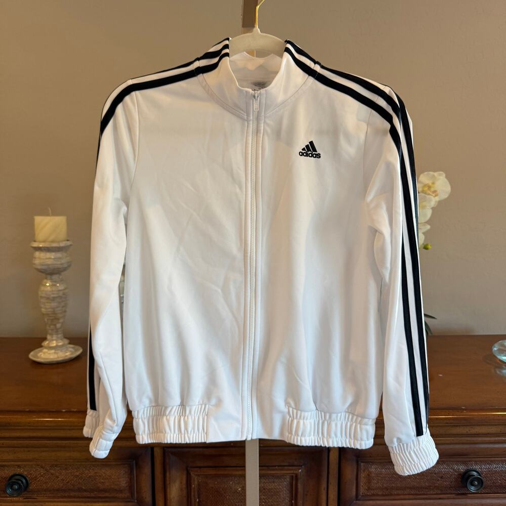 Adidas White Full Zip Track Jacket Black 3 Stripe XL 16 Athletic - Picture 2 of 6